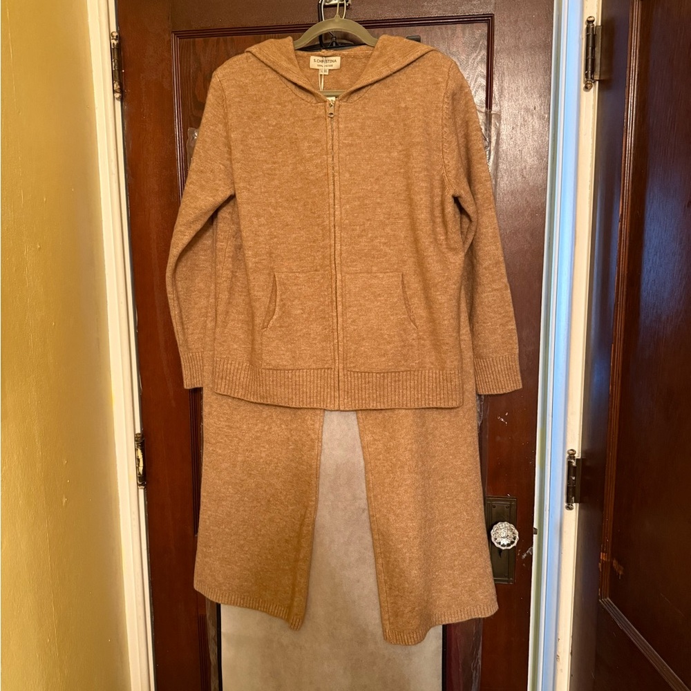 Tan Hooded Knit Cardigan Set